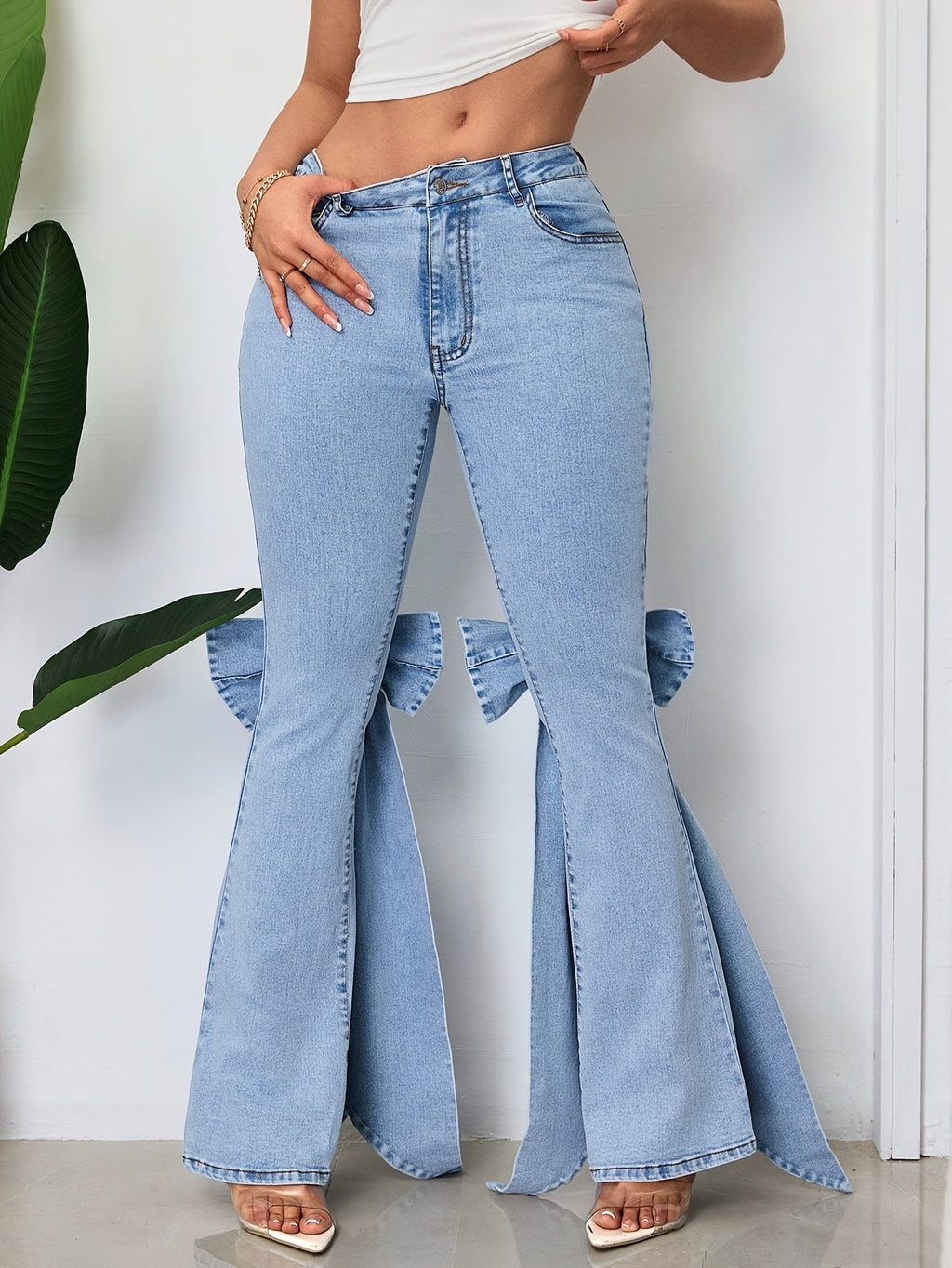 Bow Ribbon Flare Jeans Women Mid Rise Slim Fit Stretch Denim Light Blue Vintage Wash Casual All Season S-XXL