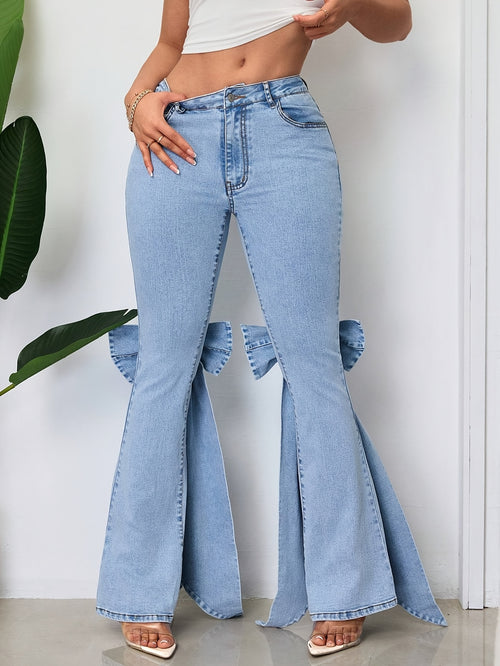 Bow Ribbon Flare Jeans Women Mid Rise Slim Fit Stretch Denim Light Blue Vintage Wash Casual All Season S-XXL