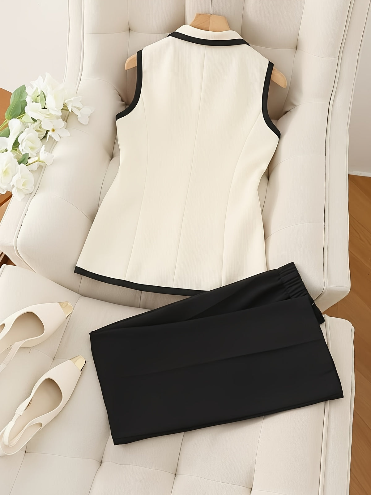 Blazer and Pencil Skirt Set Women 2pcs Contrast Collar White Blue Office Business Formal Outfit Fall Winter S-XL