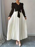 V-Neck Bubble Sleeve French Elegant Dress Women Pleated Ruffle Hem Belt Waist Cocktail Party Maxi Dress Spring Summer Formal Evening Wear Multi-Color S-XXL