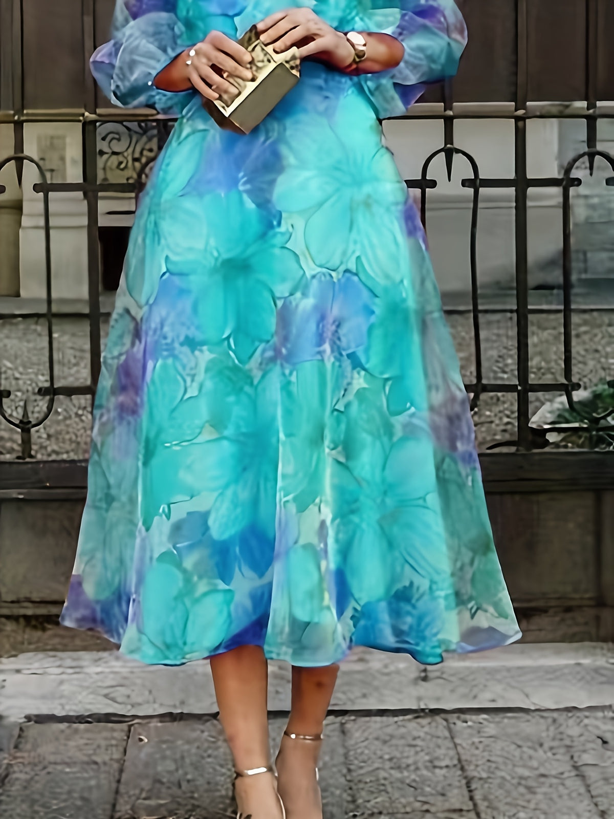 Floral Print Chiffon Maxi Dress Women Ombre Gradient Long Sleeve Back Zipper Flowy Wedding Guest Party Dress