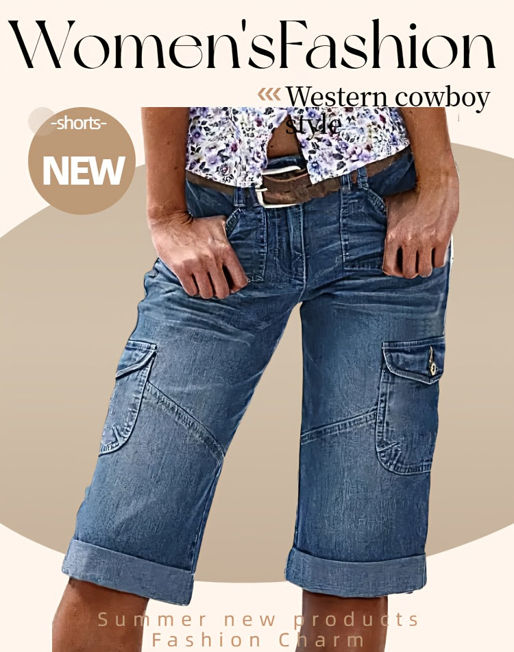 Cargo Capri Jeans Women Heavy Wash Splicing Design Elastic Fabric Hip Lifting Medium Blue Summer Leisure 5 Point Denim Shorts S-XXL