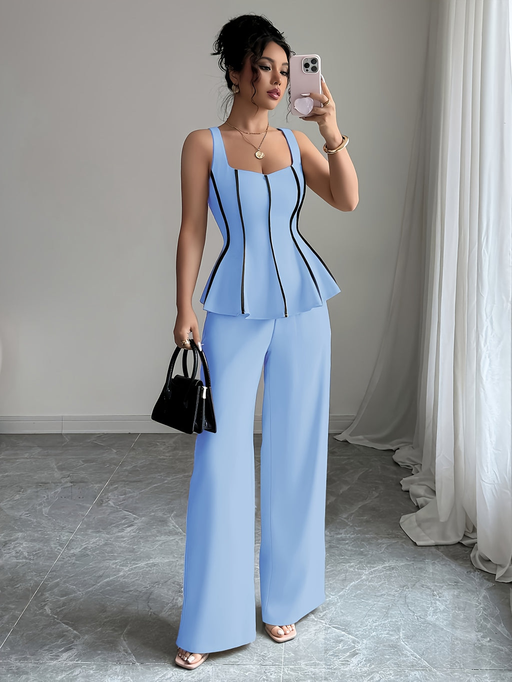 2 Piece Camisole Crop Top and Wide Leg Pants Set Women Solid Color Elegant Summer Suit Outfit S-XXL