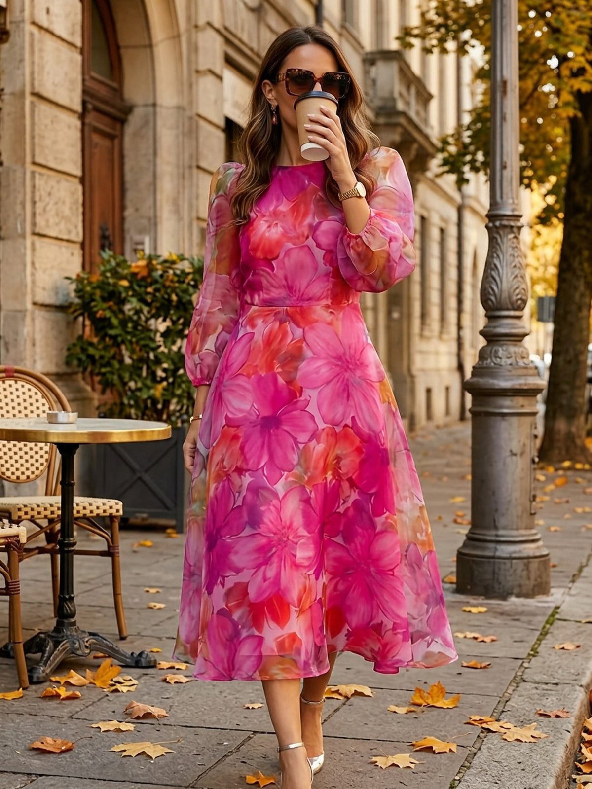 Floral Print Chiffon Maxi Dress Women Ombre Gradient Long Sleeve Back Zipper Flowy Wedding Guest Party Dress