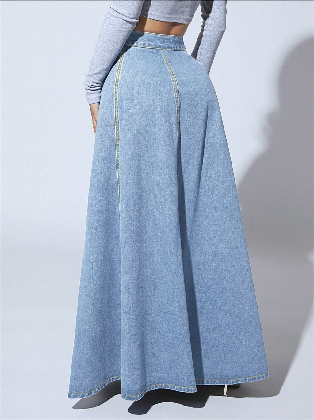 Women Single Breasted Denim Midi Skirt Vintage Flared A-Line Lace Patchwork Flowy Dark Blue XS-XXL Spring Summer Fall