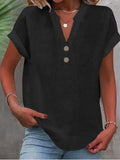 V-Neck Button Placket Tee Women Solid Color Short Sleeve Casual Summer Top Lightweight Breathable 15 Colors S-XXL