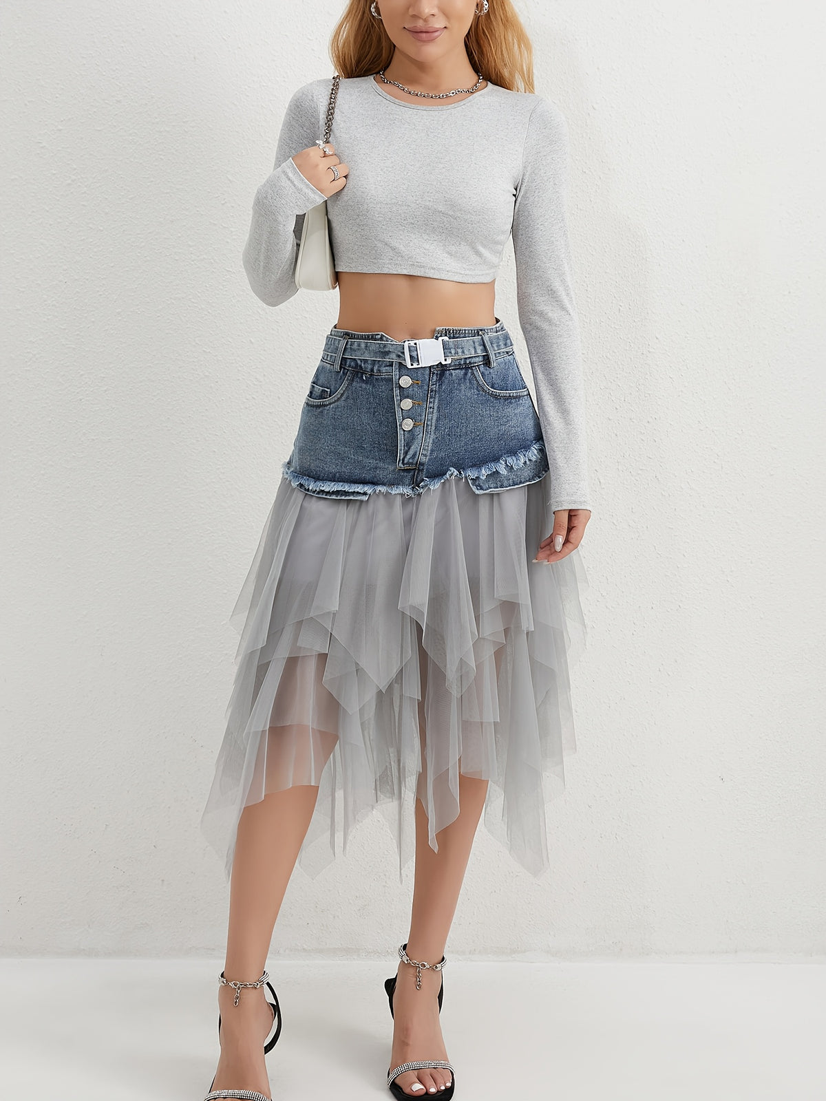 Denim Tulle Midi Skirt Women High Waist Raw Edge Hem Layered Belt Buckle Casual Semi Formal Spring Summer Fall