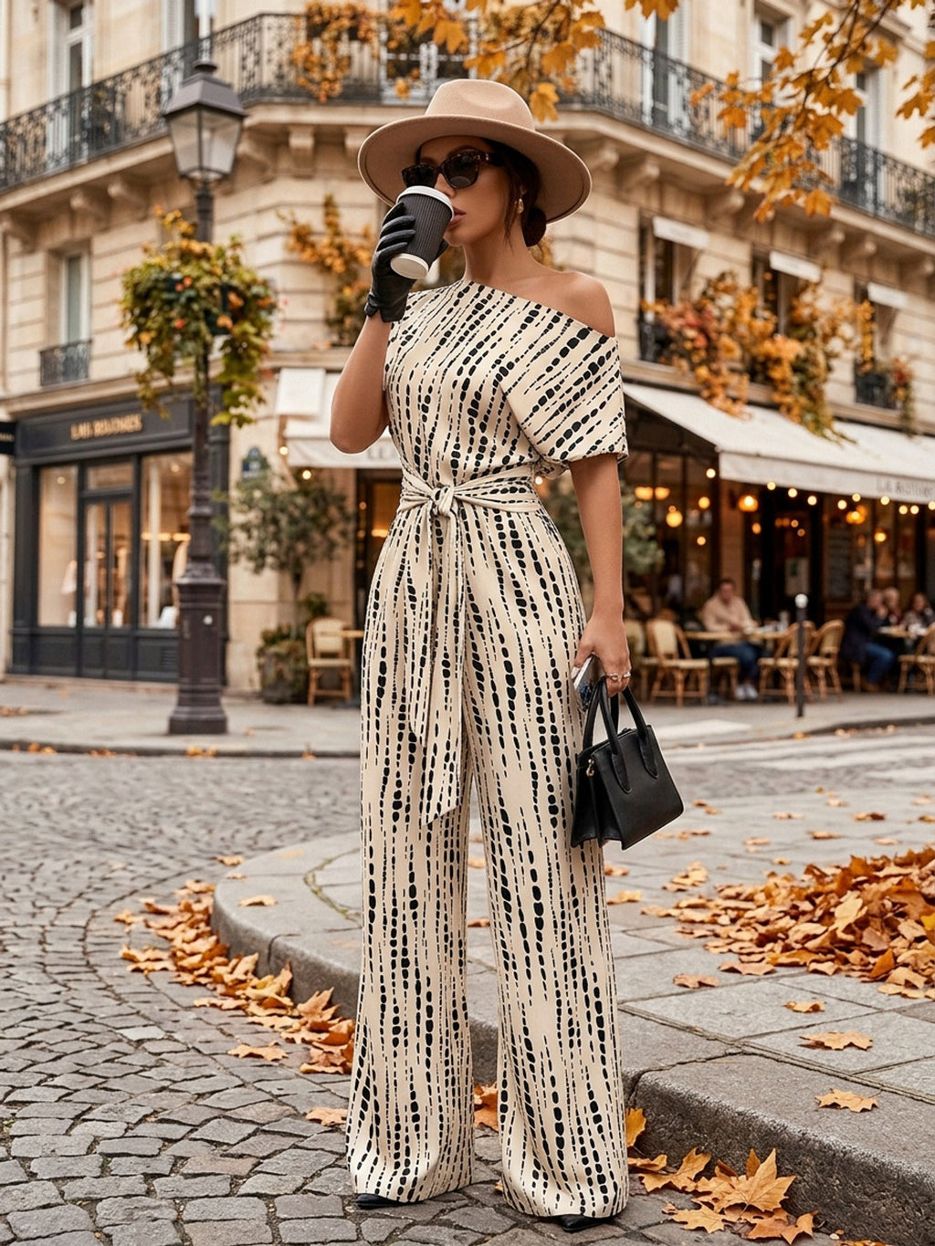 Off Shoulder Flared Jumpsuit Women High Waist Tie Print Lace Up Elegant Wide Leg Pants Apricot S-XXL
