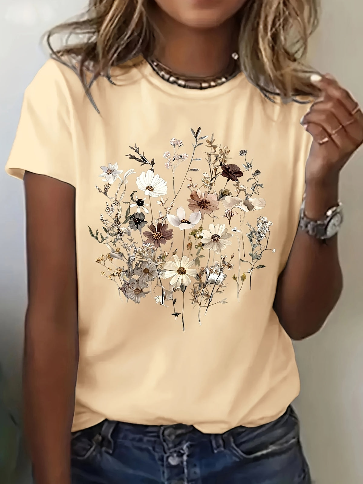 Geometric Print Crew Neck T-Shirt Women Casual Short Sleeve Stretch Knit Graphic Tee Light Airy Spring Summer Fall S-XXL