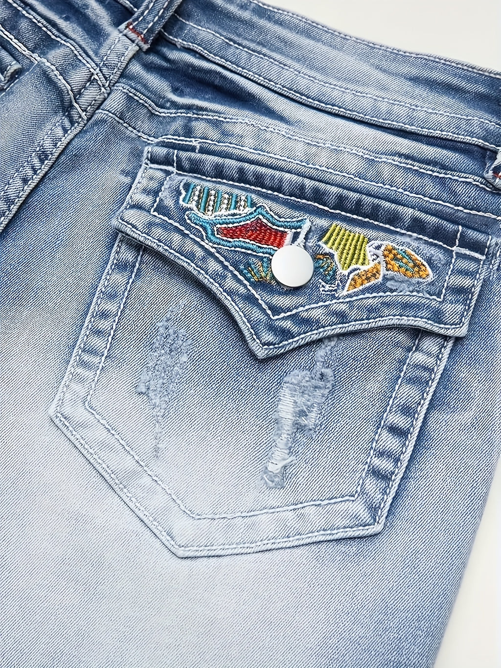 Stretch Denim Shorts for Women - Retro Color Block Embroidery Mid Rise Slim Fit, Built-In Zipper Machine Washable Cotton Blue Casual Jean Shorts for Spring Summer