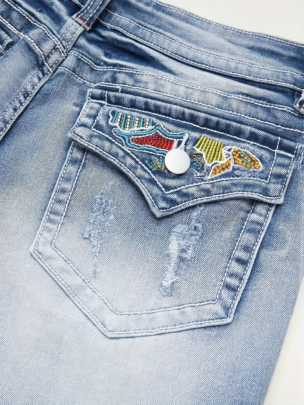 Stretch Denim Shorts for Women - Retro Color Block Embroidery Mid Rise Slim Fit, Built-In Zipper Machine Washable Cotton Blue Casual Jean Shorts for Spring Summer