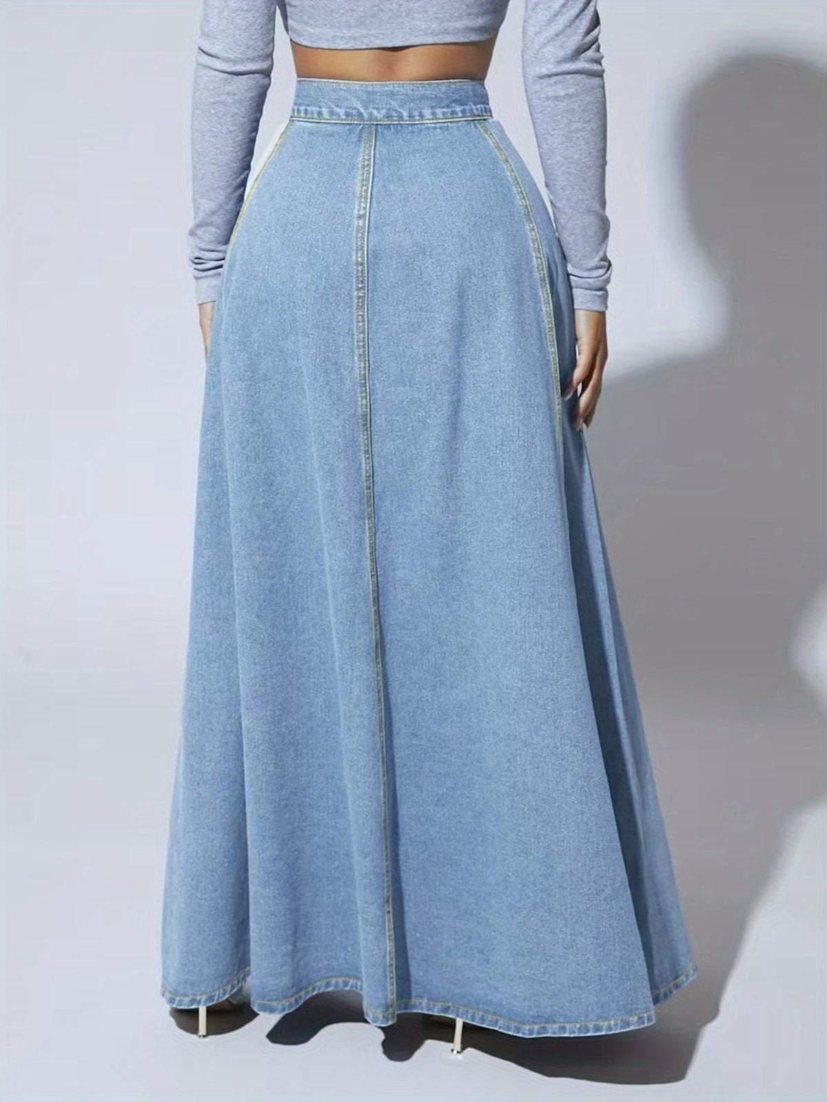 Floral Embroidered Denim Maxi Skirt Women Button Closure Long Jean Skirt Casual Formal All Season Solid Color High Quality 2025
