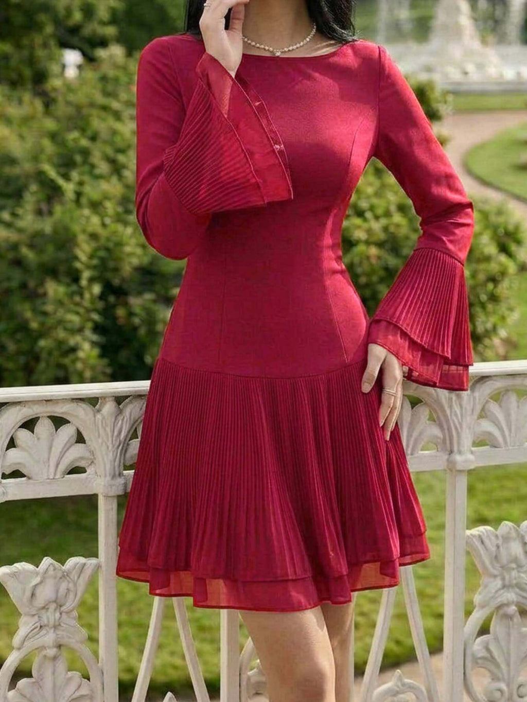 Bardot Neck Ruffle Sleeve Pleated Dress Women Elegant Vintage Party Cocktail Fall Winter Fitted Bodycon Burgundy Black S-L