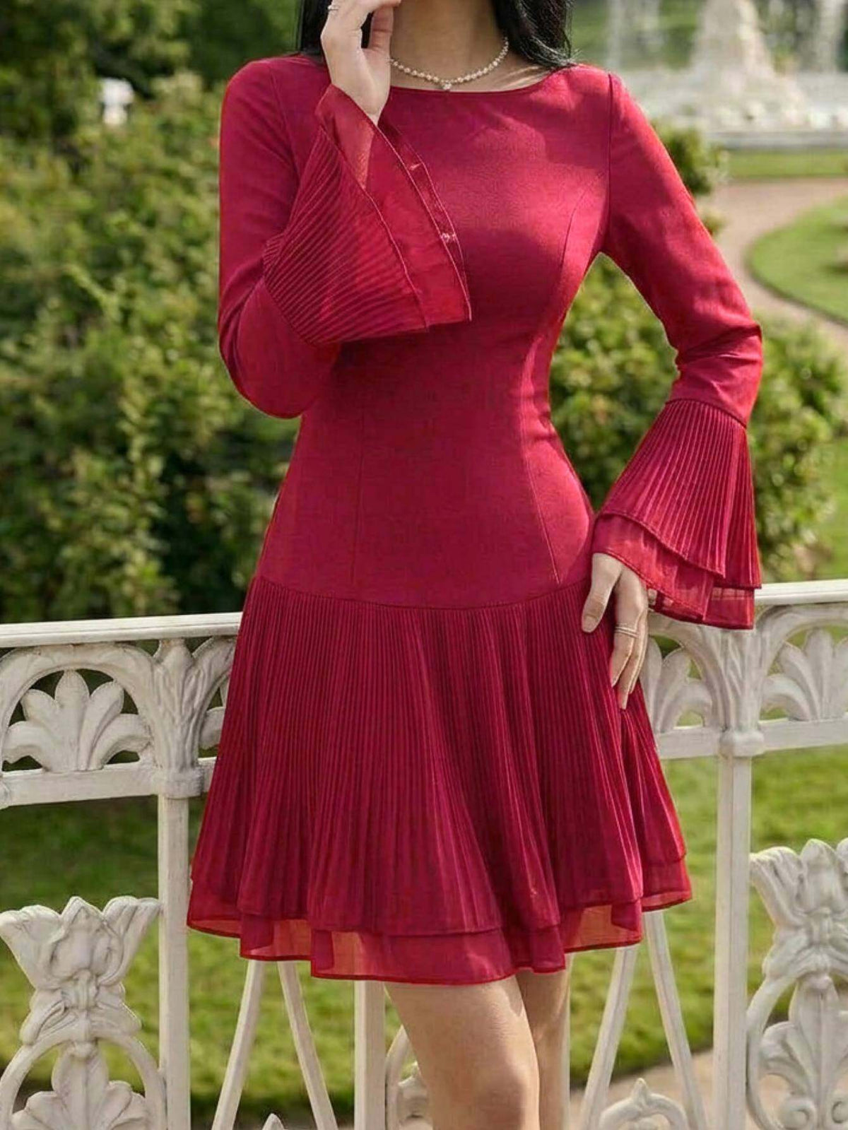Bardot Neck Ruffle Sleeve Pleated Dress Women Elegant Vintage Party Cocktail Fall Winter Fitted Bodycon Burgundy Black S-L
