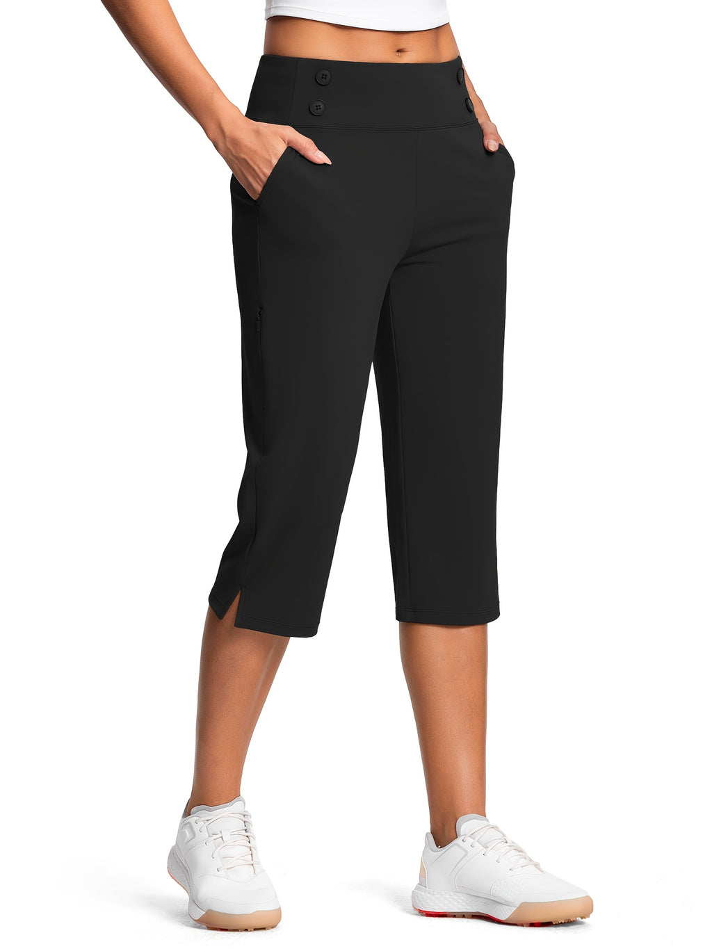 Dressy Stretch Capri Pants for Women High Waist – 18 Inch 82% Polyester 18% Spandex Knit, Elastic Waist Pockets Solid Color Work Casual Summer Spring Fall Comfortable Bottoms S-XXL