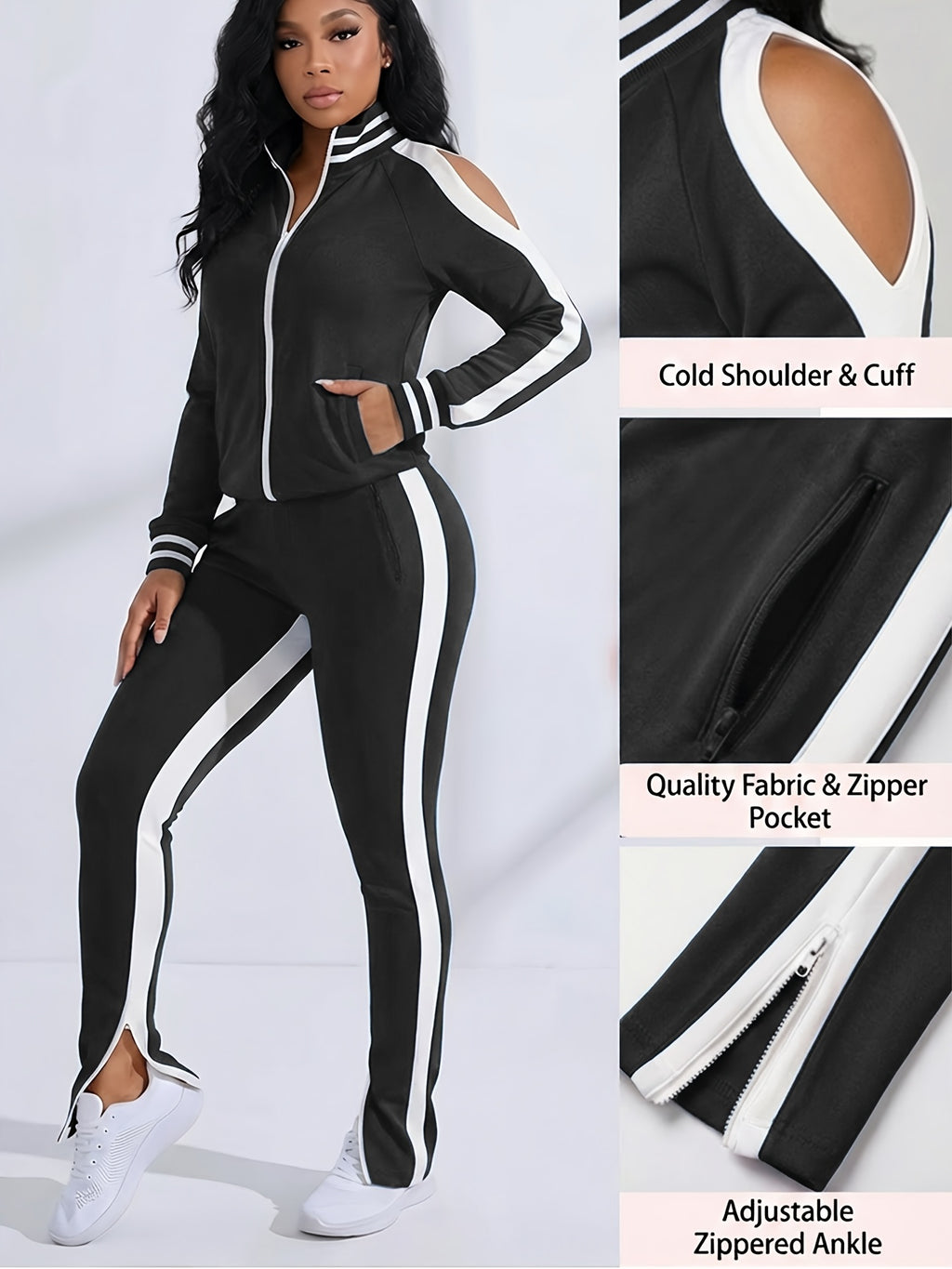 Color Block Off-Shoulder Tracksuit Set for Women – 2-Piece Zip Cuff Sweatshirt & Sweatpants Casual Matching Outfit, Lightweight Breathable Jogger Set