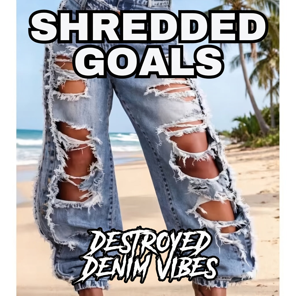 Women's High-Waisted Ripped Jeans Cuffed Hem Street Style Light Blue XL XXL