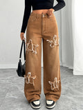 Wide Leg Star Patchwork Jeans for Women Washed Denim Straight Leg American Streetwear Style Sepia Brown Casual Fashion Pants XS-XL