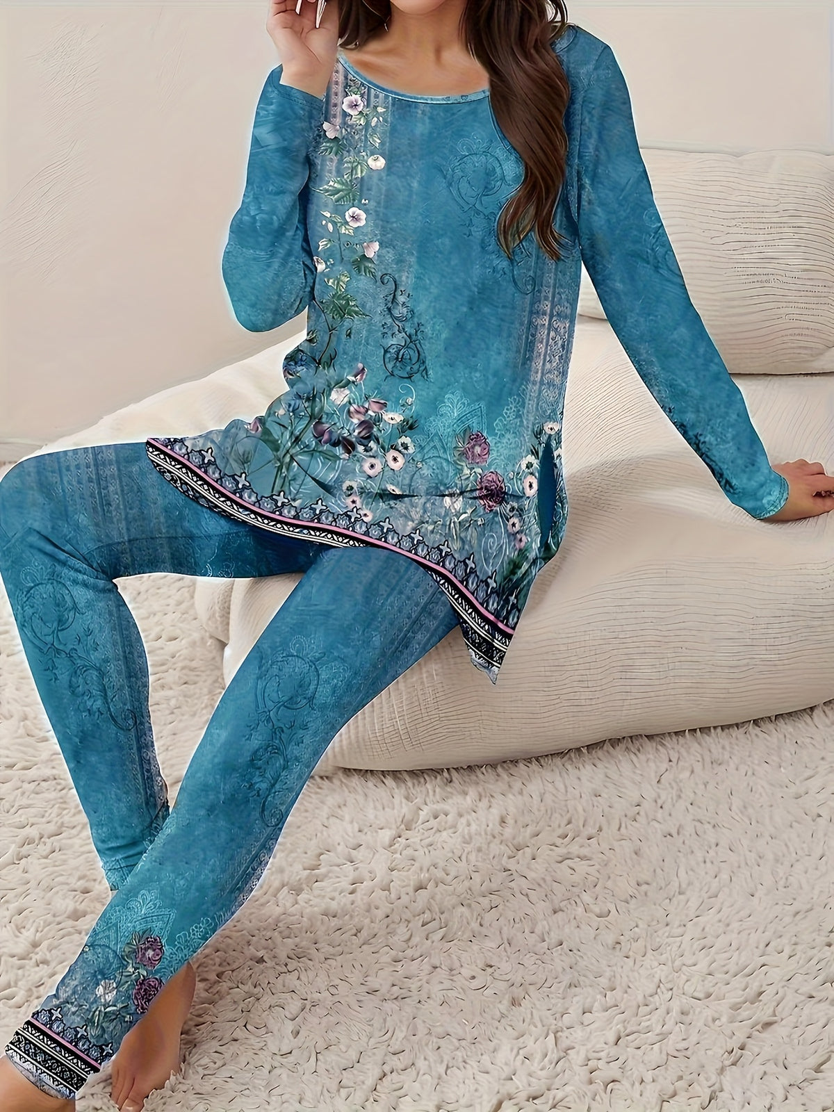Round Neck Long Sleeve Blouse and Printed Trousers Set Women 2pcs Stylish Side Slit Fall Winter Suit S-XL