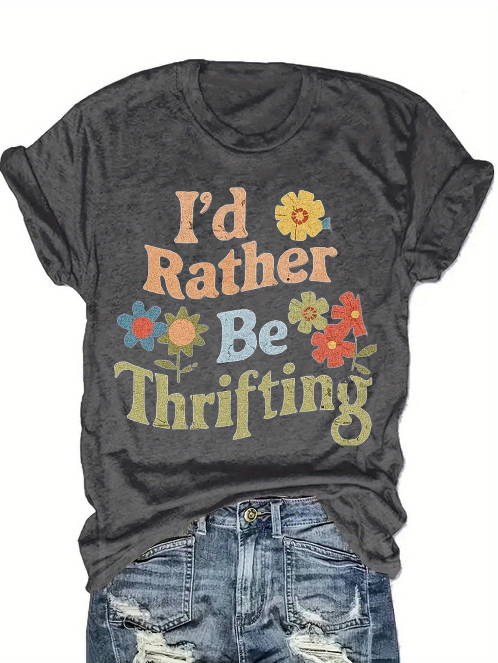 Women's 'I'd Rather Be Thrifting' Graphic Tee Vintage Crew Neck Short Sleeve Casual T-Shirt Navy Red S-XXL