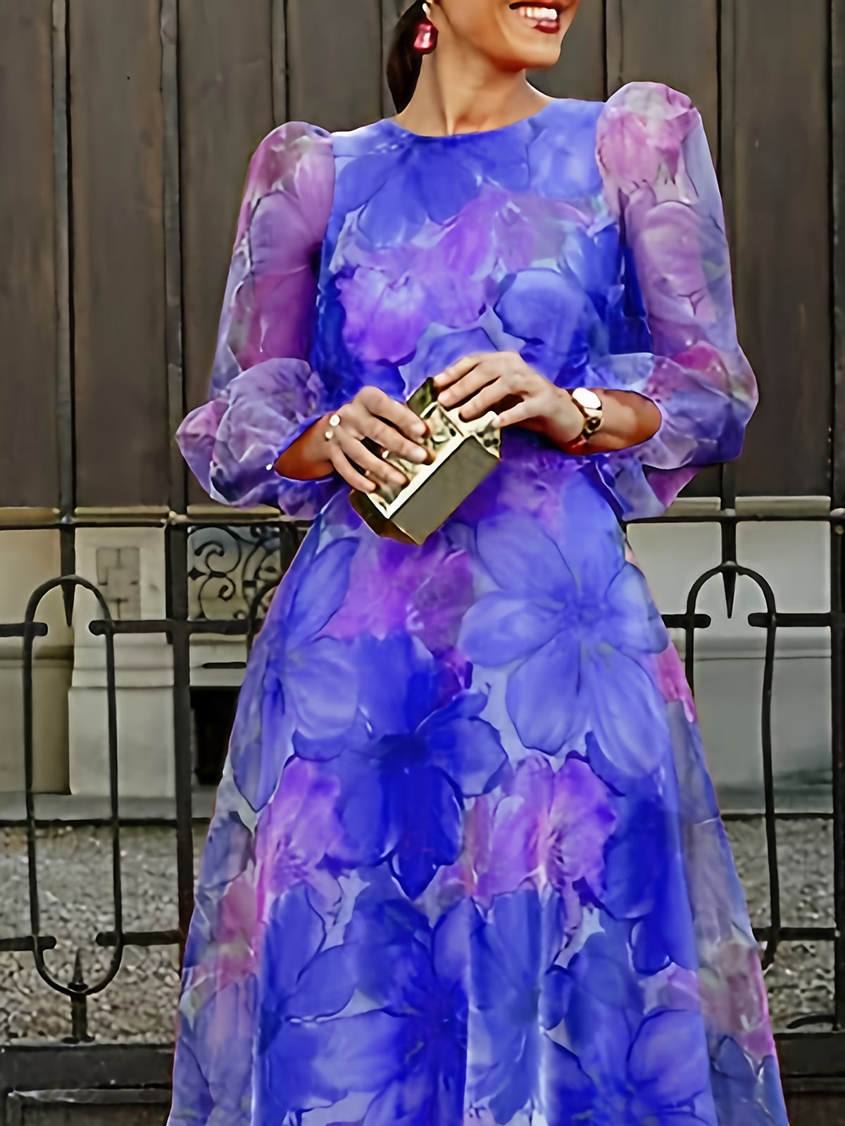 Floral Print Chiffon Maxi Dress Women Ombre Gradient Long Sleeve Back Zipper Flowy Wedding Guest Party Dress