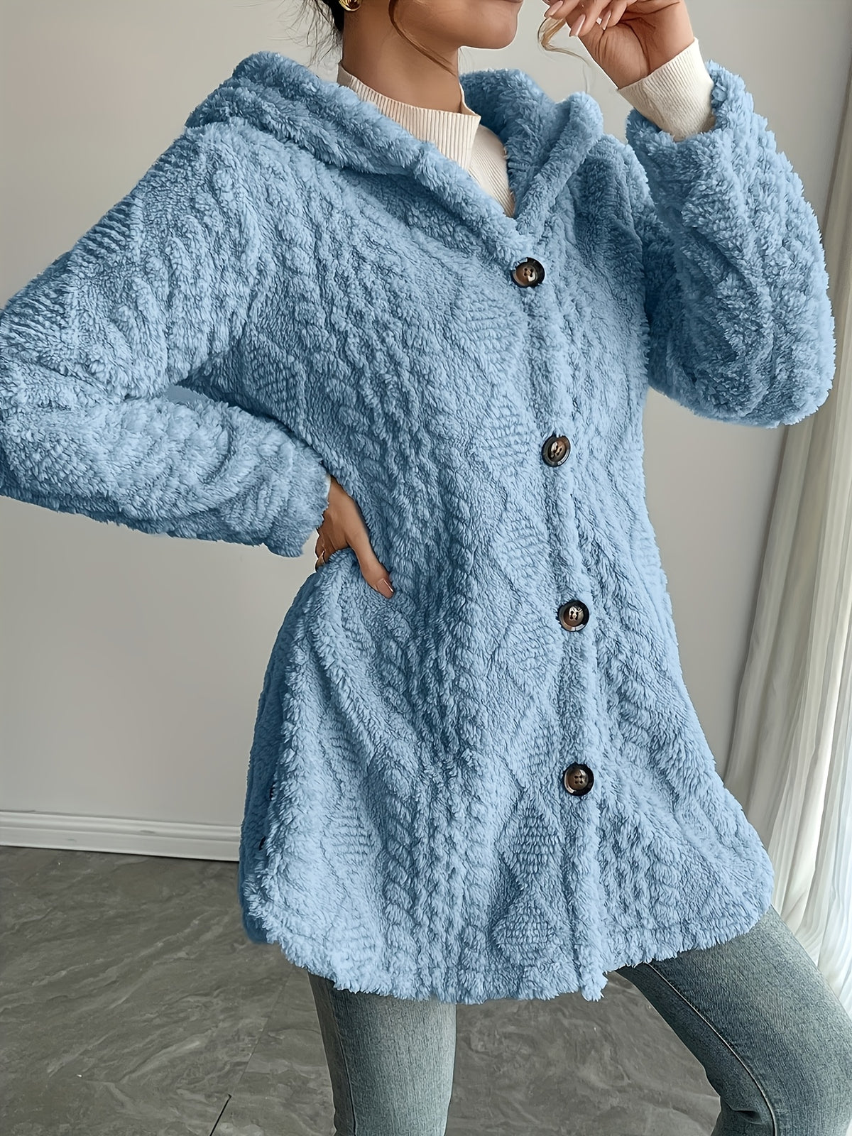 Hooded Fuzzy Coat Women Mid-Length Jacket with Buttons Soft Warm Fleece Fall Winter Outerwear 5 Colors S-XXL