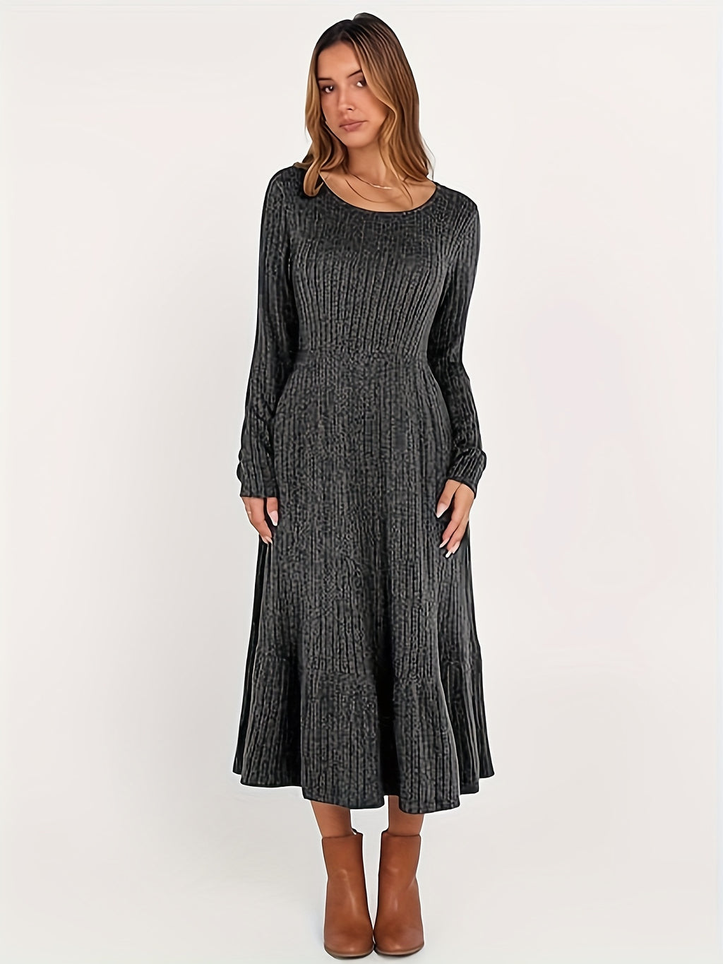 Ribbed Knit Maxi Dress Women Crew Neck Waist Cinched Pocket Warm Flattering Fall Winter Casual Office Daily Solid Color 100% Polyester