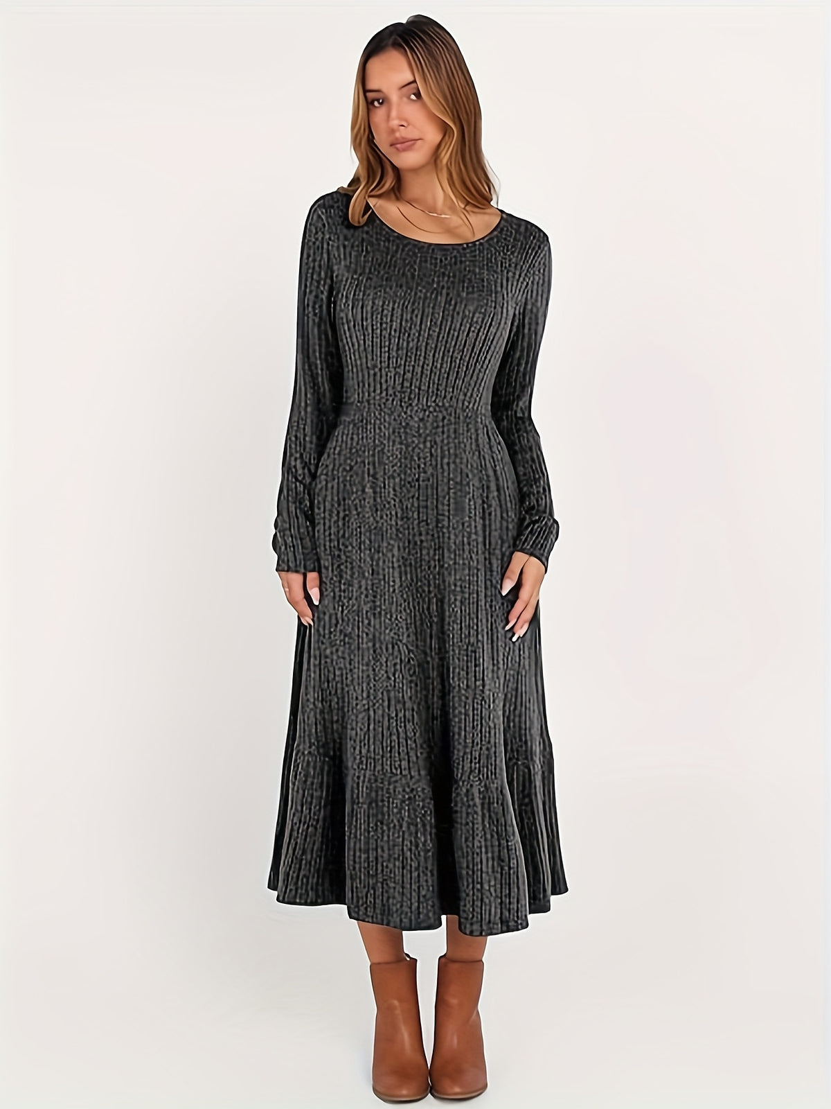 Women's Crew Neck Ribbed Waist Maxi Dress | Flattering Knit Dress for Fall Winter | Mira Roam