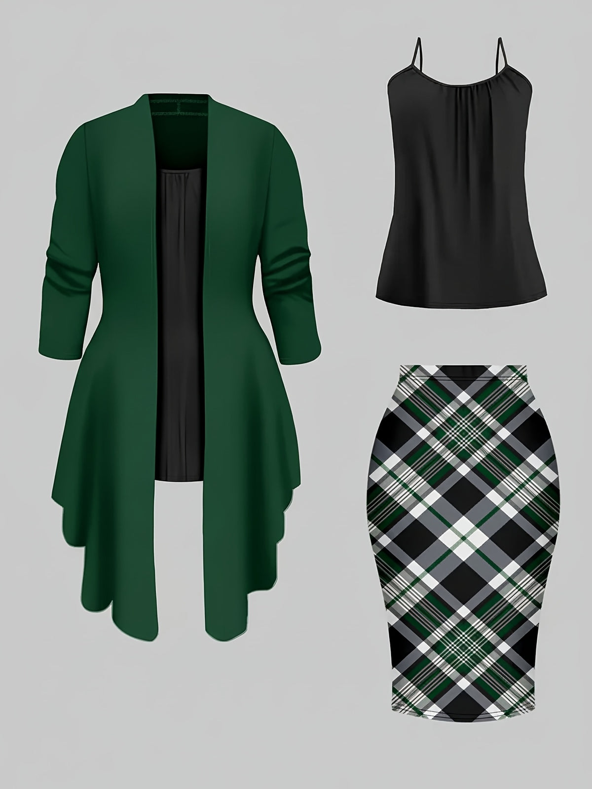 Retro Plaid 3-Piece Set for Women – Asymmetrical Hem Blazer, Black Camisole & Hip-Hugging Skirt, Wine Red Office Outfit for Autumn Winter