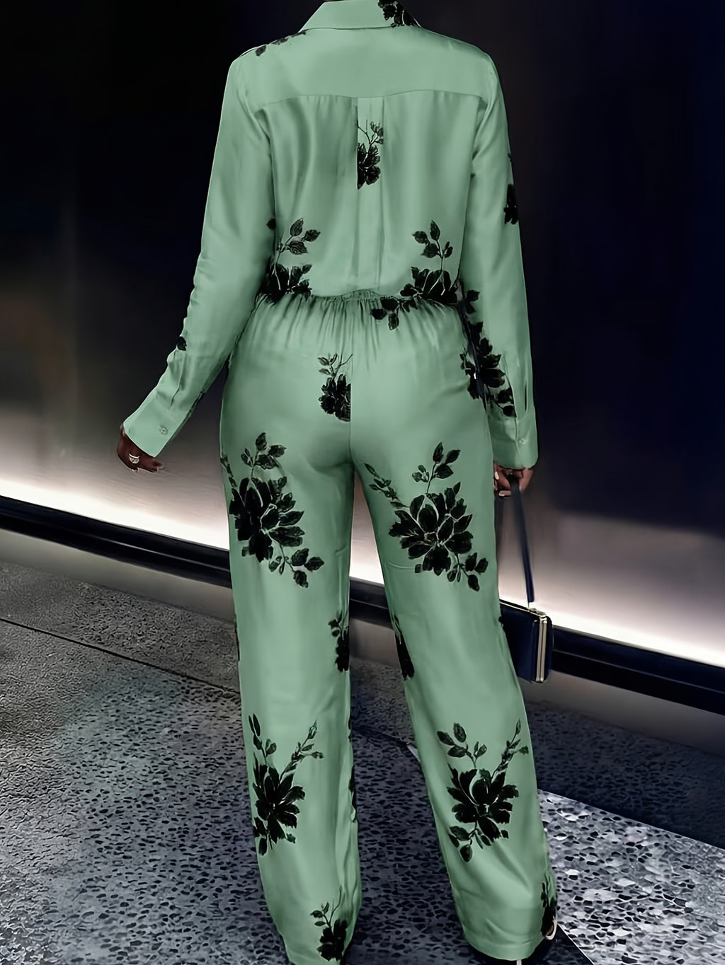Women's 2 Piece Set Printed Long Sleeve Top & Wide Leg Pants Retro Socialite Style Evening Party Casual Matching Outfit