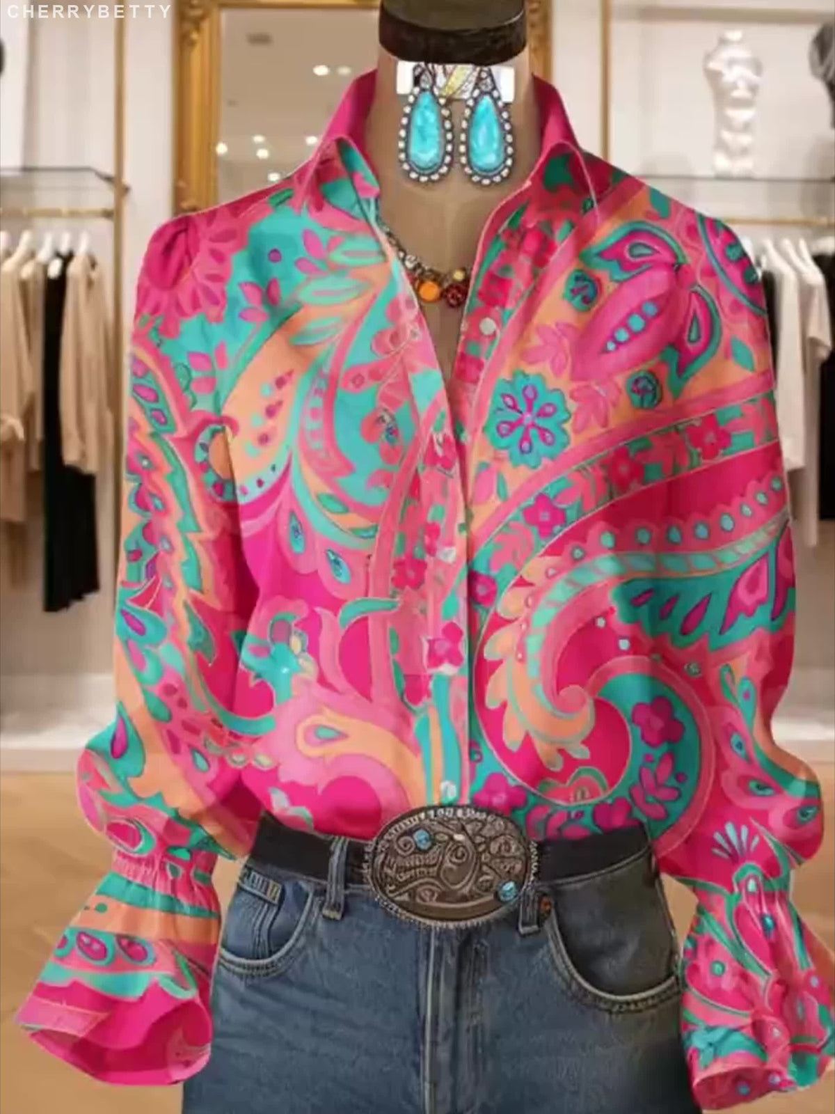 Paisley Print Lantern Sleeve Blouse Women Boho Chic Summer Top Hot Pink Teal Multicolor Party Shirt S-XL