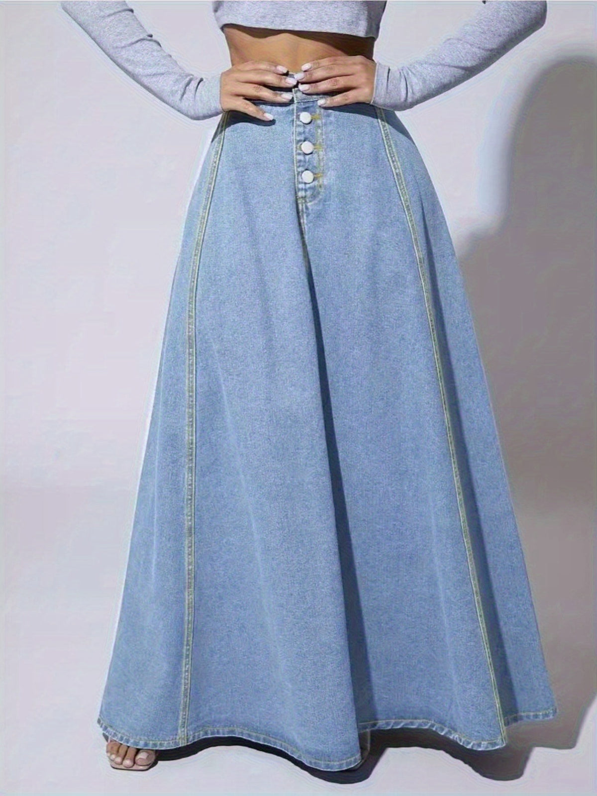 Women Single Breasted Denim Midi Skirt Vintage Flared A-Line Lace Patchwork Flowy Dark Blue XS-XXL Spring Summer Fall