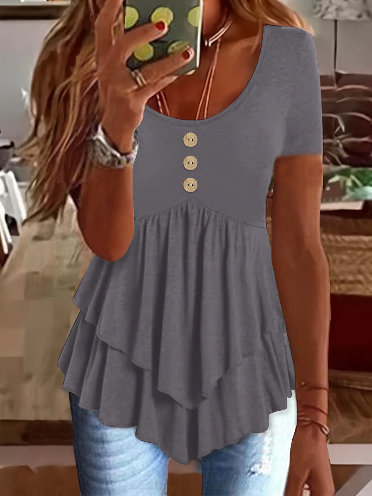Women's Short Sleeve Round Neck Ruffle Button Blouse Casual Versatile Top for Daily Wear Multi-Color S-XXL