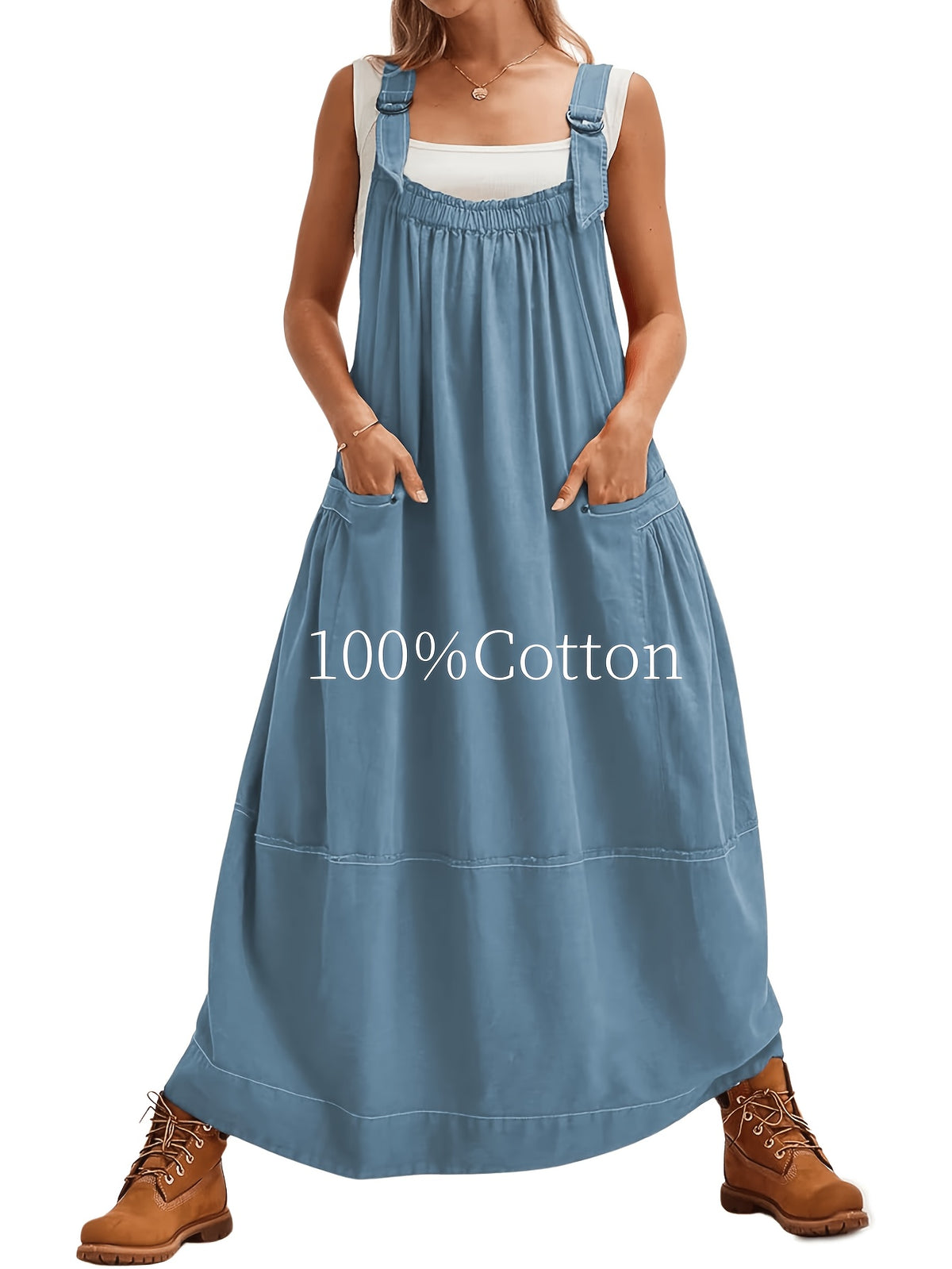 Overall Dress Women Loose Adjustable Strap Midi Length Big Pockets Workwear Casual Bib Jumper Dress Spring Summer S M L XL XXL