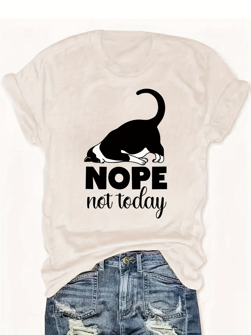Cute Cat Graphic T-Shirt Women Nope Not Today Slogan Sleeping Cat Print Crew Neck Casual Fun Whimsical Tee Cat Lover Gift Birthday Holiday Top S-XXL