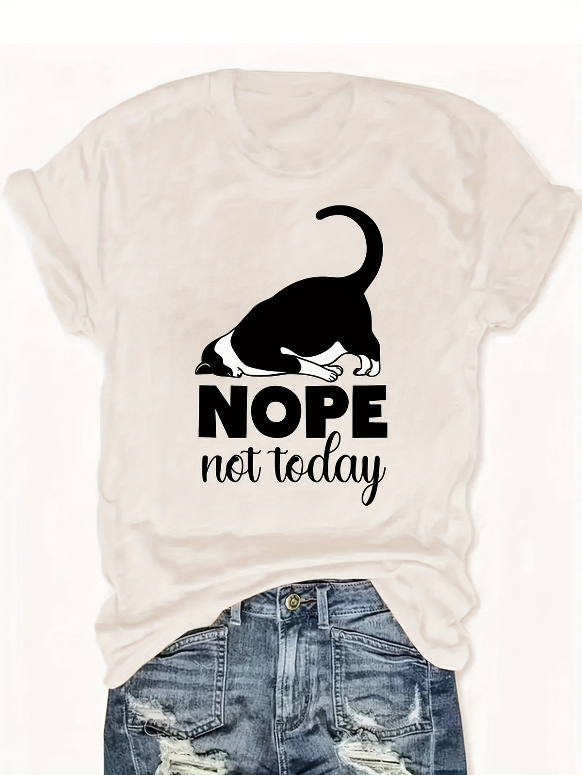 Cute Cat Graphic T-Shirt Women Nope Not Today Slogan Sleeping Cat Print Crew Neck Casual Fun Whimsical Tee Cat Lover Gift Birthday Holiday Top S-XXL
