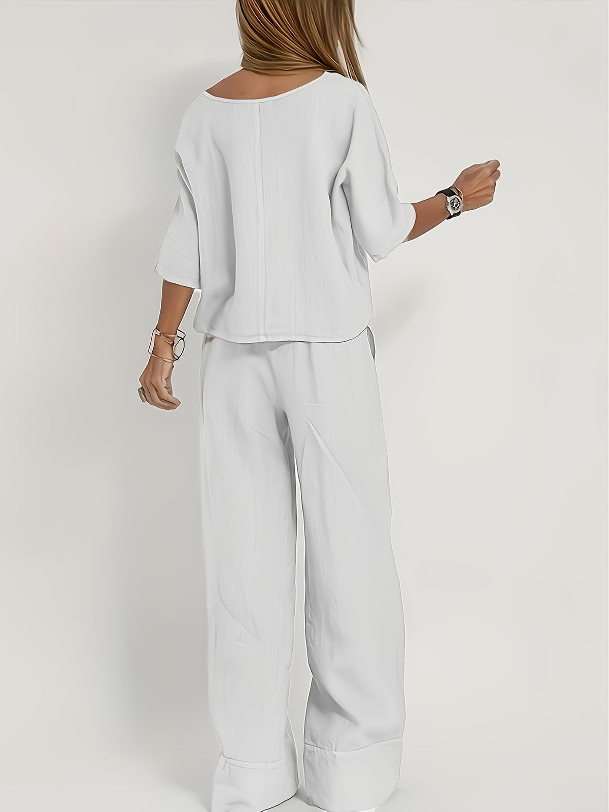Women Elegant 2 Piece Set Short Sleeve Top High Waist Pants Suit Solid Color Matching Outfit Business Casual Chic Co-ord for Work Summer Spring