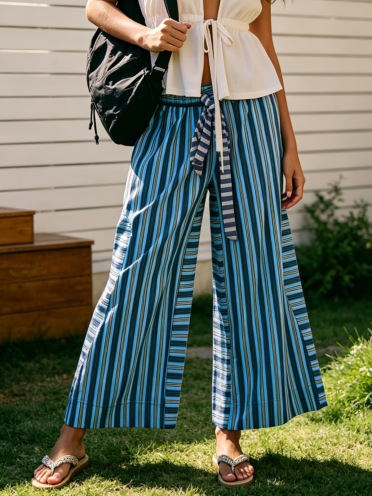 Striped Wide Leg Pants for Women – Horizontal Stripe Elastic Drawstring Waist Side Pockets, Casual Lounge Trousers Machine Washable Spring Summer Warm Weather Airy Comfortable Bottoms S-XXL