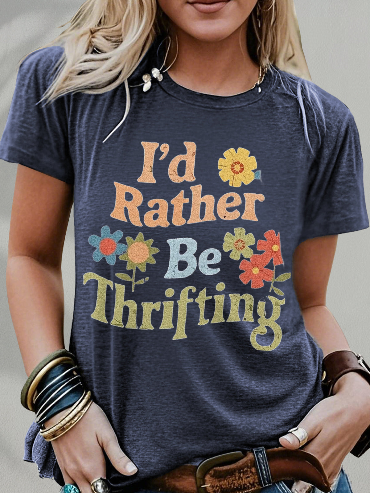 Women's 'I'd Rather Be Thrifting' Graphic Tee Vintage Crew Neck Short Sleeve Casual T-Shirt Navy Red S-XXL