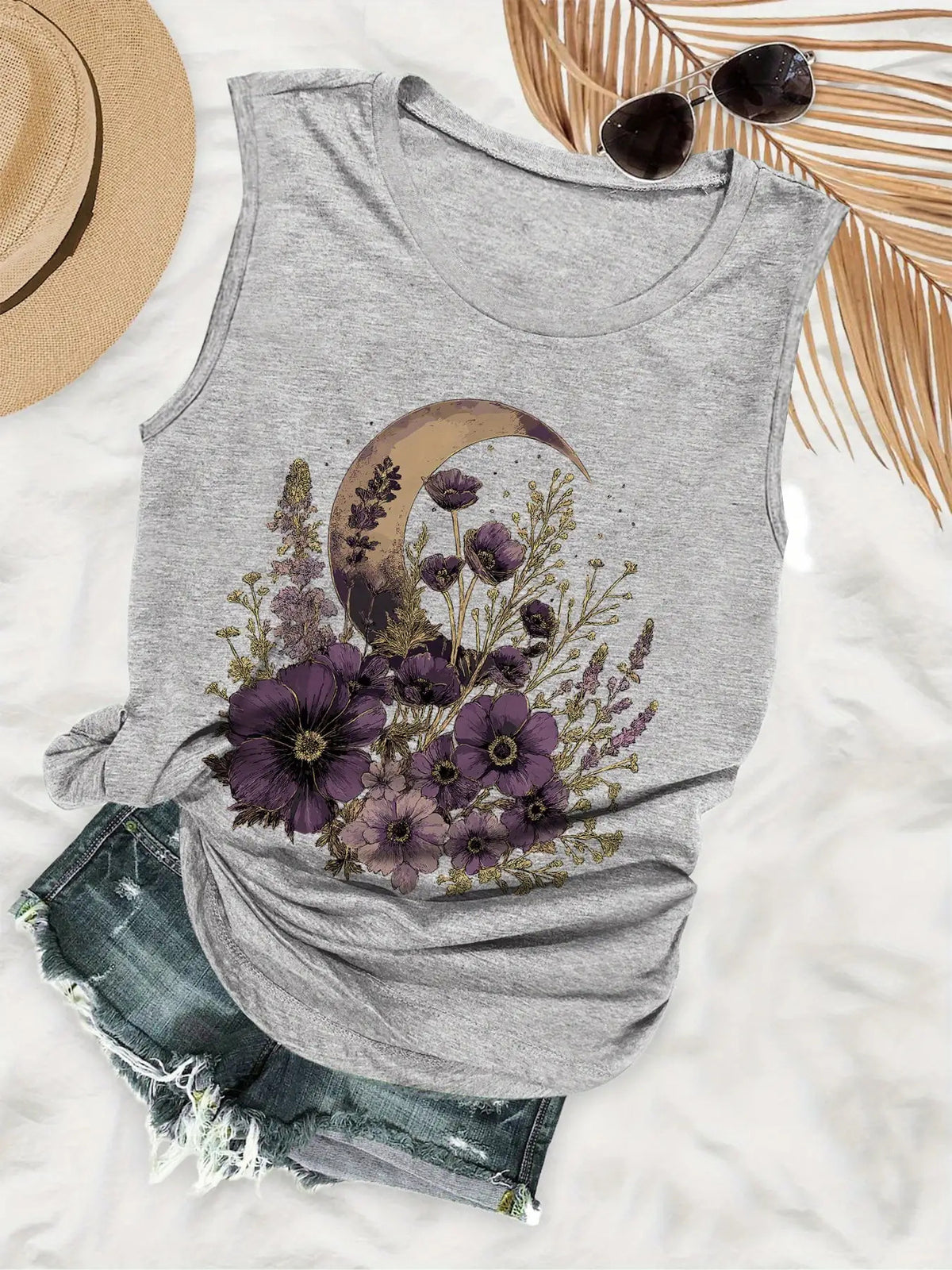 Sleeveless Vest Top Women Floral Print Lightweight Summer Beach Casual Tank White Gray