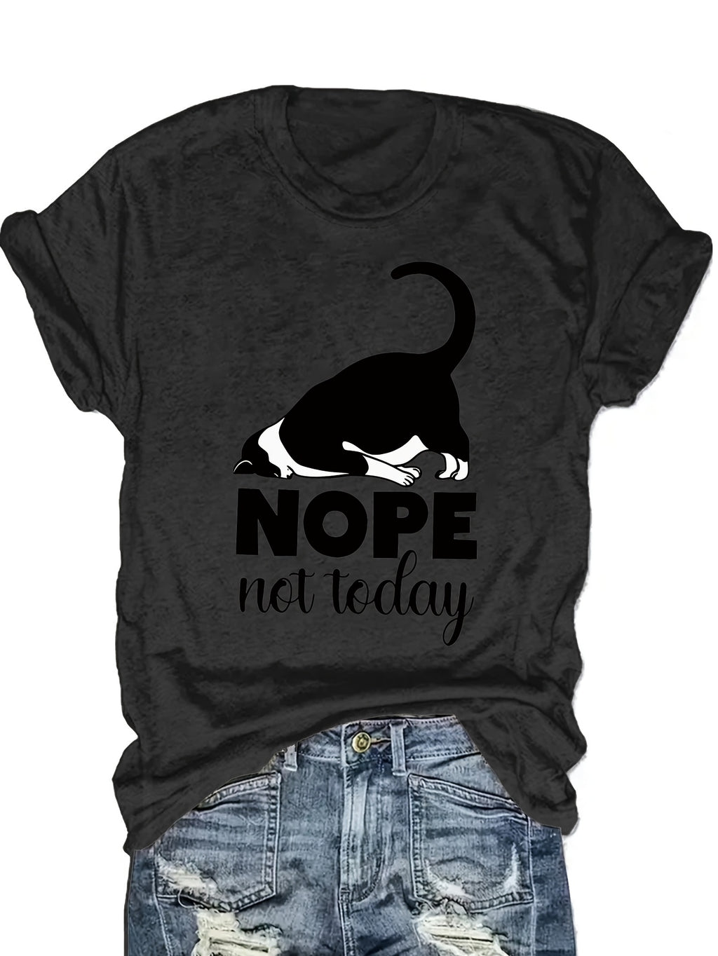 Cute Cat Graphic T-Shirt Women Nope Not Today Slogan Sleeping Cat Print Crew Neck Casual Fun Whimsical Tee Cat Lover Gift Birthday Holiday Top S-XXL