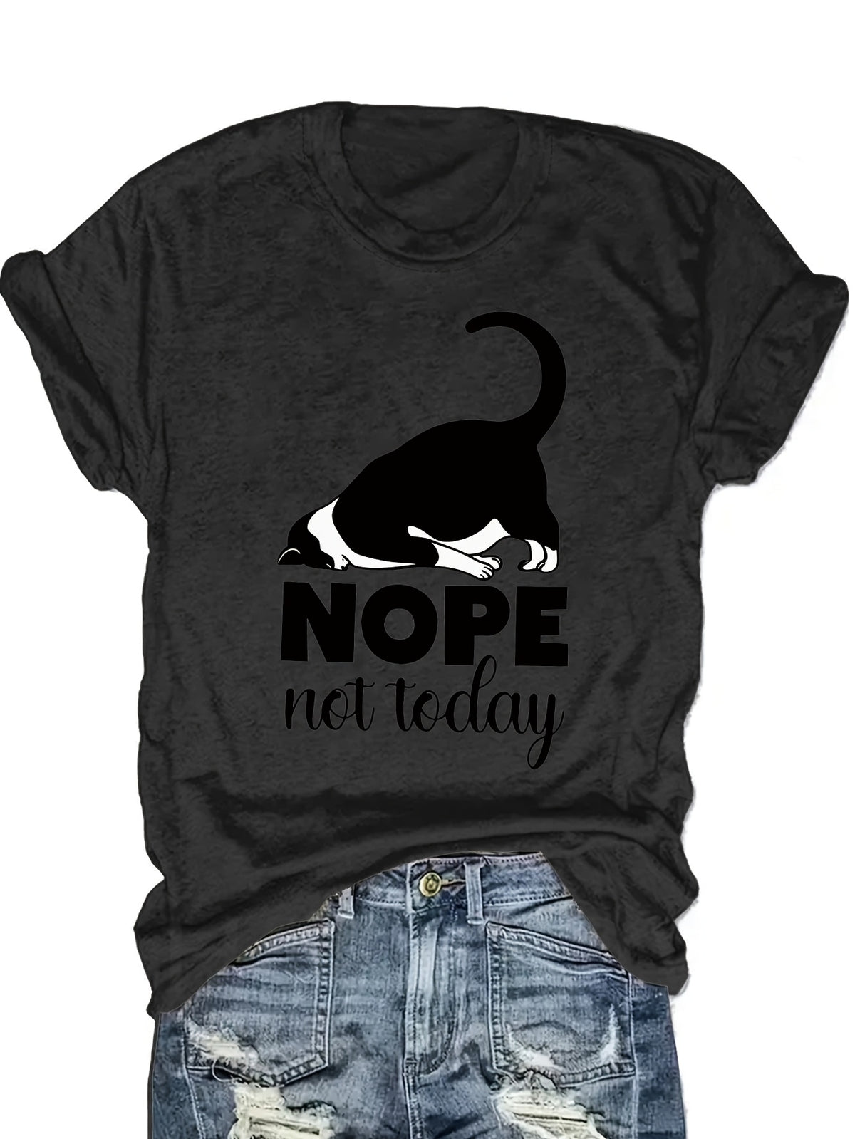 Cute Cat Graphic T-Shirt Women Nope Not Today Slogan Sleeping Cat Print Crew Neck Casual Fun Whimsical Tee Cat Lover Gift Birthday Holiday Top S-XXL
