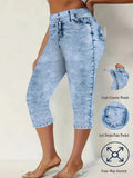 Geometric Print Capri Leggings for Women – Bright Steel Blue Tight Fit Non-Sheer Digitally Printed Cropped Pants, 95% Polyester Micro-Stretch All Season Layering, S-XXL