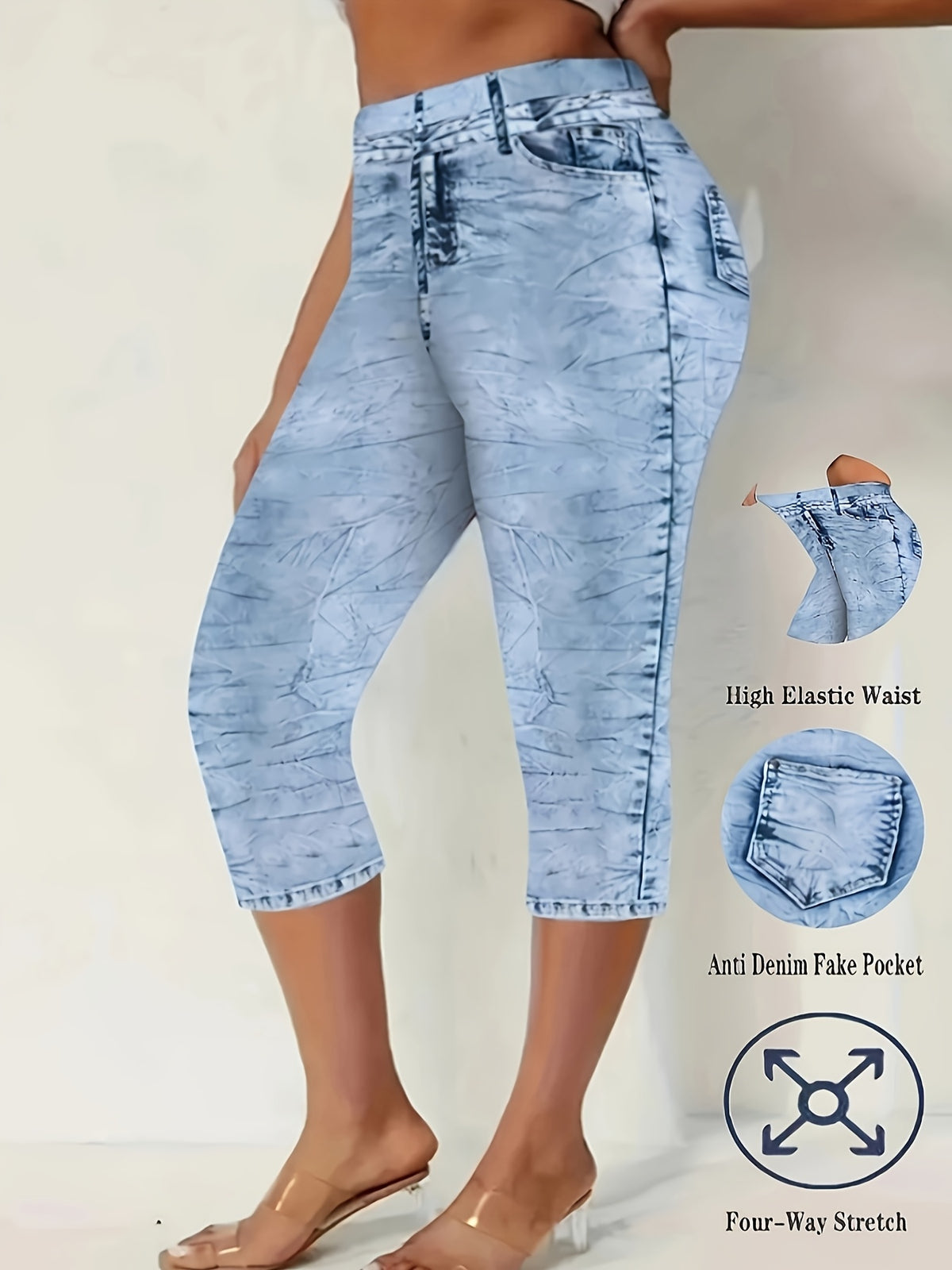 Geometric Print Capri Leggings for Women – Bright Steel Blue Tight Fit Non-Sheer Digitally Printed Cropped Pants, 95% Polyester Micro-Stretch All Season Layering, S-XXL