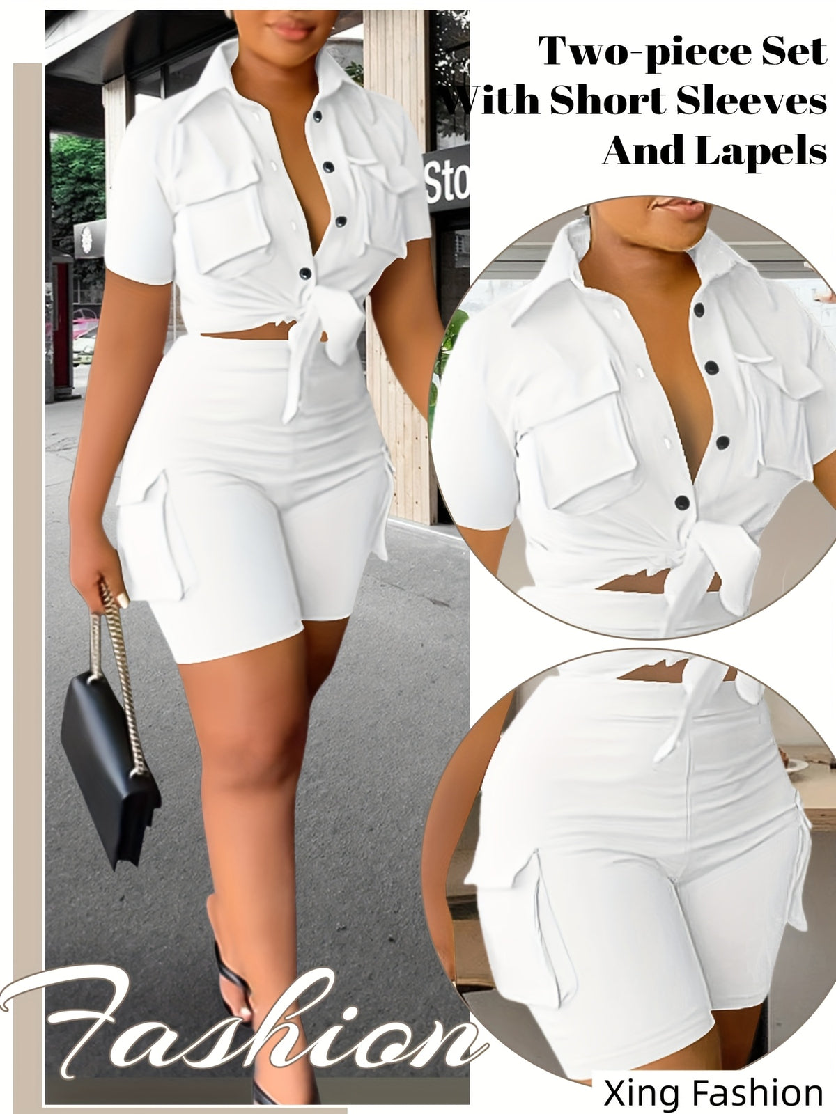 Women 2pcs Short Sleeve Button Top Biker Shorts Set Summer Casual Streetwear Solid Color with Pockets Khaki Black White Green