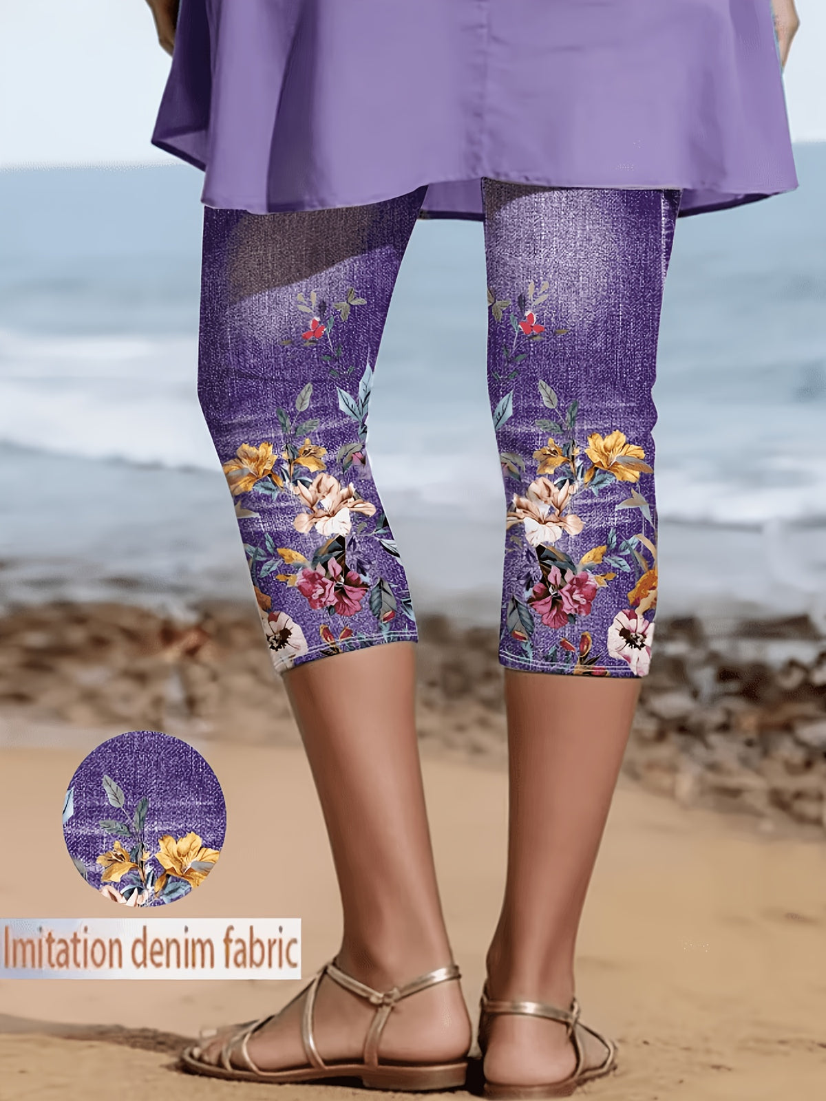 Faux Denim Print Capri Leggings for Women – Imitation Denim Floral Pattern 3/4 Length, Mid-Stretch Knit, Elegant Party Vacation Commute, 5 Colors S-XXL