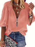 Women's V-Neck Lantern Sleeve Blouse Zipper Front Loose Casual Flowy Top Shirt Spring Summer Office S-XXL