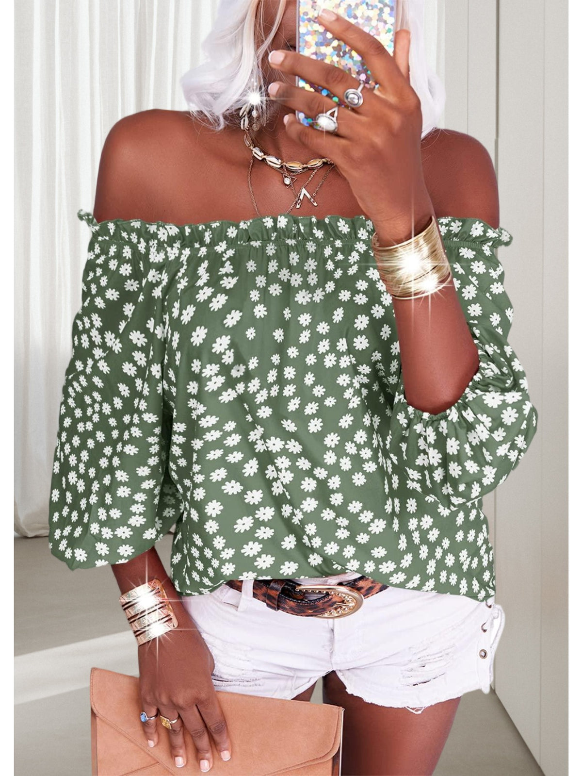 Floral Off Shoulder Chiffon Blouse Women 3/4 Sleeve Casual Summer Top Shirt 10 Colors S-XXL