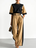 Women's Black Brown Color Block Two Piece Set Wide Leg Pants & Waist Cinched Short Sleeve Top Minimalist Outfit