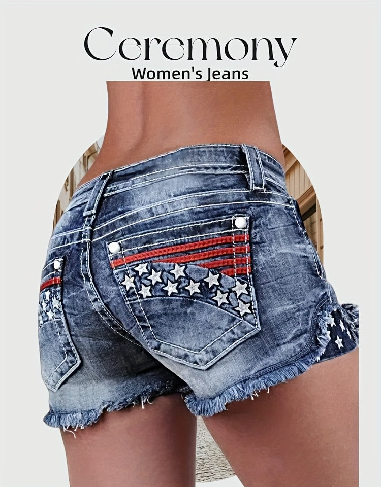 Women Star Striped American Flag Stretch Denim Shorts Patriotic Print Casual Summer Jean Shorts Grey XL